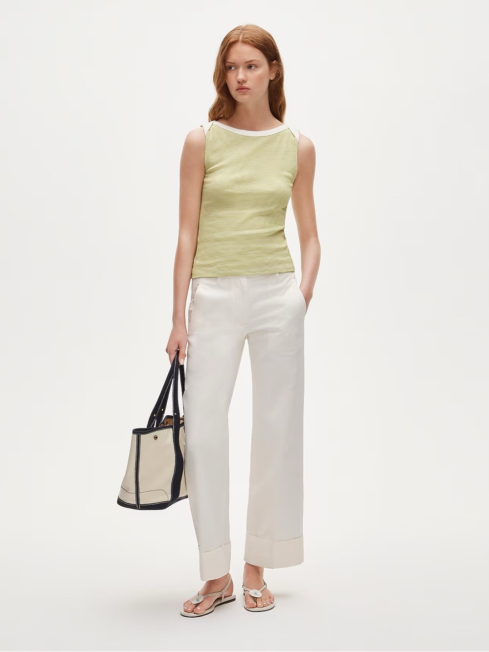 J.Crew Sleeveless Light Green Tank Top and White Wide-Leg Pants Set